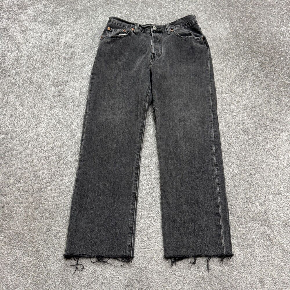Levi's 501 Button Fly Denim Jeans Womens 31 Washed Black Straight Cotton Raw Hem